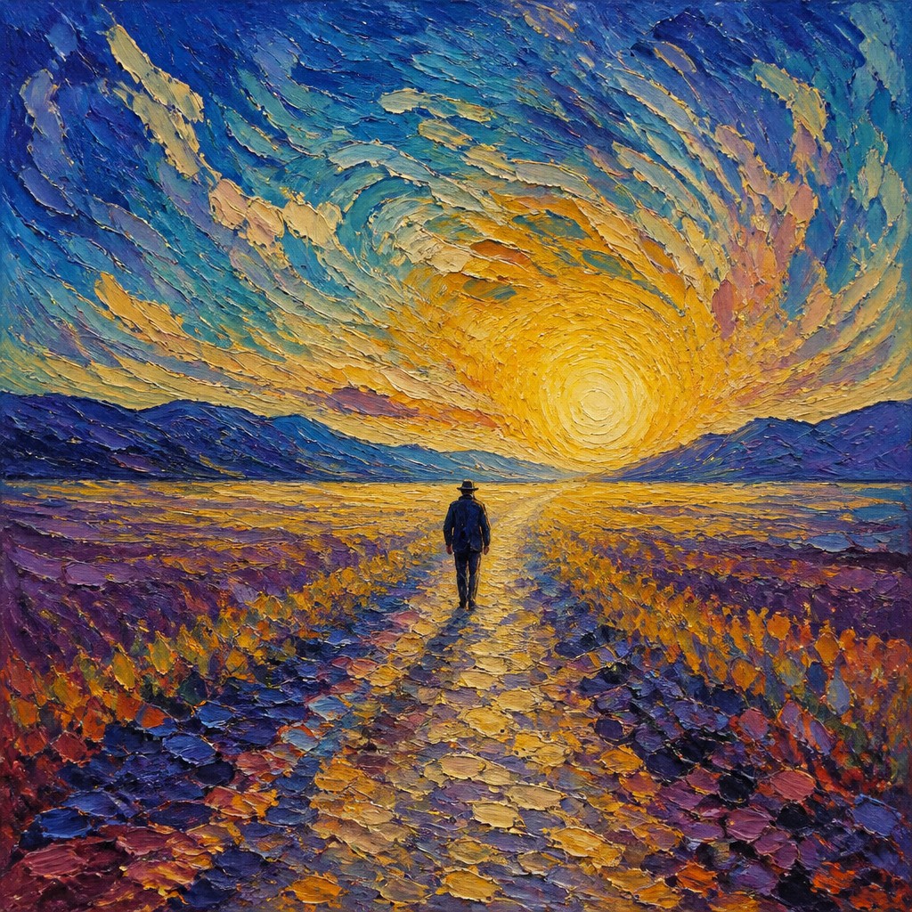 a solitary figure walking toward a glowing horizon across an empty plain, moody atmosphere, no text or lettering