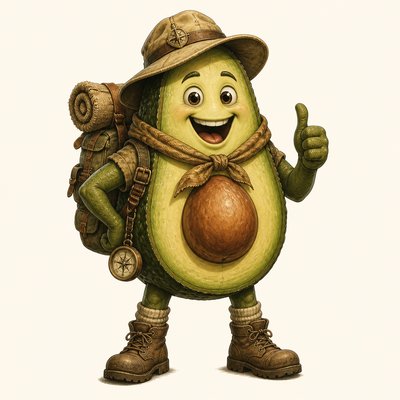a happy avocado character giving a thumbs up, bold readable design on a plain background, no text