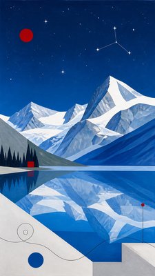 a tranquil mountain lake beneath a starry night sky, no people, no text