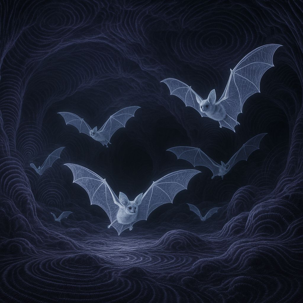 A group of ghost bats, with large translucent wings, in a giant cave in Queensland, Australia. Photo-realistic, professional nature photography, extreme detail