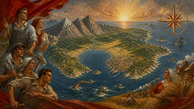 a map of an island realm with mountains, forests, a sheltered bay, sea monsters in the water and a compass rose, no text labels