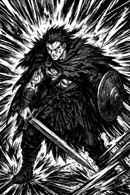 a drawing of a man in armor with a sword and shield