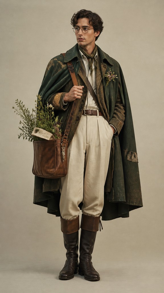 full-body original character: a wandering botanist with a satchel of plants, a patched green cloak, tall boots and round glasses, neutral background