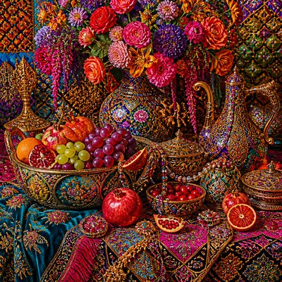 still life arrangement of fruits and flowers