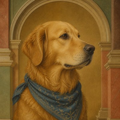 portrait of a golden retriever wearing a blue bandana, warm plain backdrop, no text