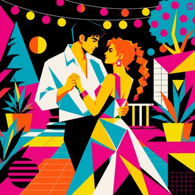an original couple dancing under string lights in a garden at dusk: a man with short black hair in a linen shirt and a woman with braided red hair in a summer dress