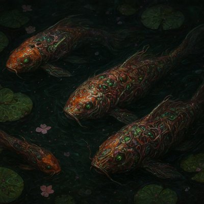 A koi pond seen from above, orange and white koi fish swimming among lily pads, clear water with subtle ripples, fallen cherry blossom petals floating on the surface, dappled sunlight