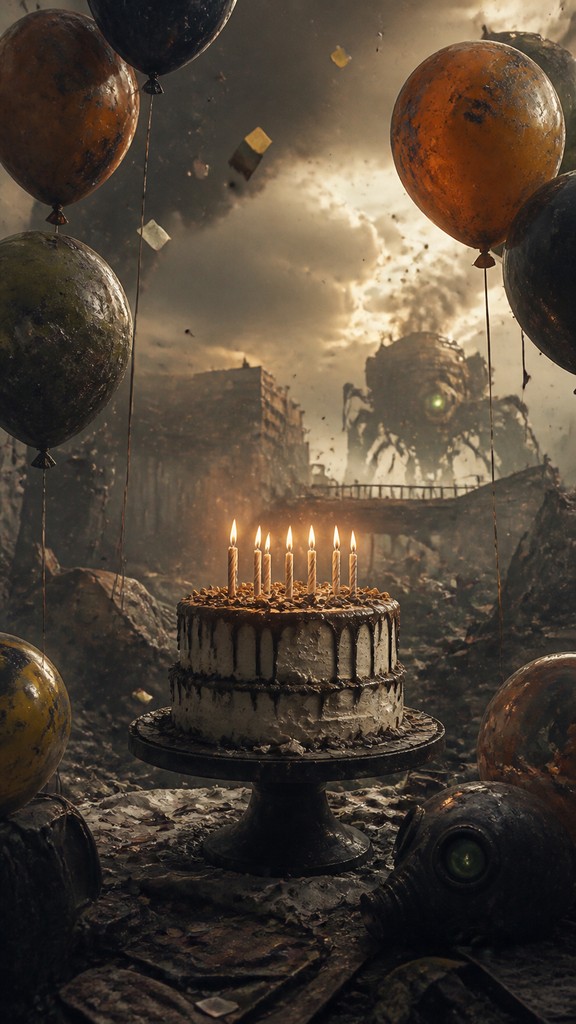 a birthday cake with lit candles surrounded by balloons and confetti, festive vertical composition, no text