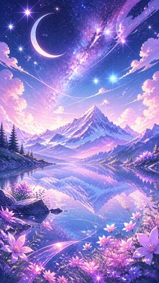 a tranquil mountain lake beneath a starry night sky, no people, no text