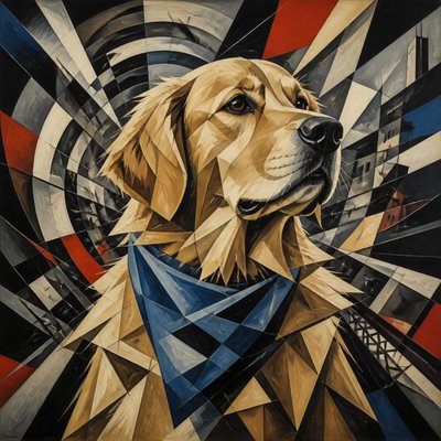portrait of a golden retriever wearing a blue bandana, warm plain backdrop, no text
