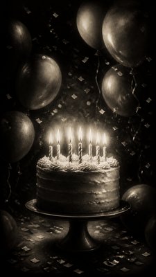 a birthday cake with lit candles surrounded by balloons and confetti, festive vertical composition, no text