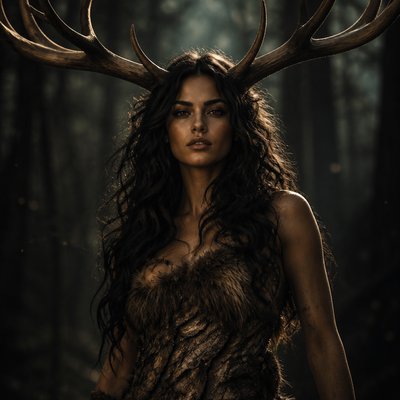 Fais moi une deesse et fort avec des cheveux noir et des corne de cerf immense sur la tete, elle est habille en fourure de cerf et d’ecorse sans bijou elle représente la deesese de la nature c’est une humain avec des yeux de biches , elle a pas de frange ses cheveux sont ondulés, elle est sombre et feroce