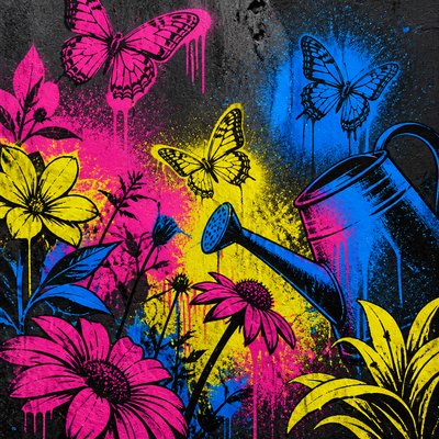 a garden scene with butterflies, flowers and a watering can, clean uncolored line art, no text