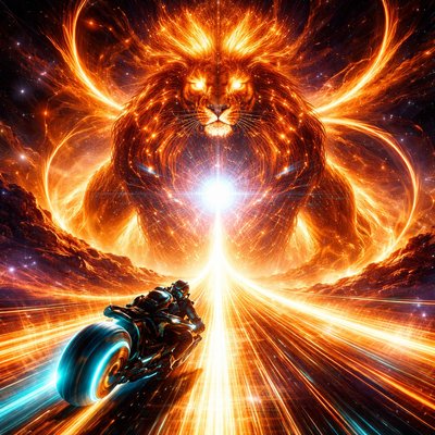 Neon-Futurism Digital Art Style, Bioluminescent Sci-Fi Cosmic Setting, Extreme Focal Point. A high-speed "tunnel-vision" perspective where everything converges on a single, brilliant point of light.

The Rider & Bike Consistency: The lone motorcyclist—in the signature sleek, armored suit and helmet—is leaning dangerously low, pinned to the chassis of the hubless "light-cycle." The bike's cyan and orange neon rings are vibrating with energy as it accelerates toward the center of the frame.

The Path (The Solar Path): The glowing blue laser-grid highway has turned into a golden-white bridge of solid light. It leads directly into the chest of a colossal celestial entity.

The Leo Presence: Looming ahead is the magnificent Celestial Lion, a titan made of burning solar flares and rhythmic orange circuitry. He stands in a regal, powerful stance. At the center of his chest lies Regulus, a massive, pulsating white-blue star that acts as a gateway.

The Action: The highway doesn't stop; it goes straight into the center of Regulus. The rider is seconds away from entering the star's core. Solar prominences and loops of liquid fire arch over the road like a stadium of light.

Atmosphere: Intense heat and majesty. The colors are dominated by deep ambers, fiery oranges, and the blinding white-blue light of the star Regulus.

Lighting: The rider is almost a silhouette against the overwhelming brightness of the Lion's heart. Intense "lens flare" and shimmering heat-haze effects blur the edges of the digital grid.