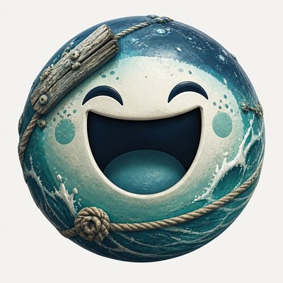 an exaggerated laughing face of an original round mascot character, bold and readable at small size, plain background, no text