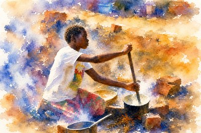 a painting of a man stirring a pot with a stick