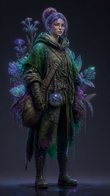 full-body original character: a wandering botanist with a satchel of plants, a patched green cloak, tall boots and round glasses, neutral background