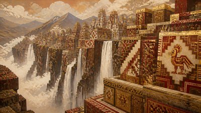 a cliffside city with waterfalls cascading into a misty canyon, wide establishing shot, no people, no text