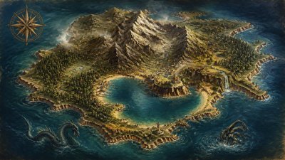 a map of an island realm with mountains, forests, a sheltered bay, sea monsters in the water and a compass rose, no text labels