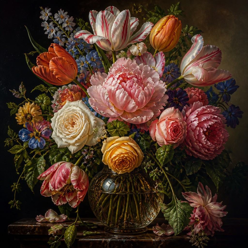 bouquet of flowers in a glass vase — Flower Painting Art Style