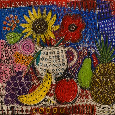 still life arrangement of fruits and flowers