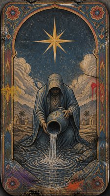 a robed figure pouring water beneath a large eight-pointed star in a night sky, symmetrical composition with an ornate decorative border, no text