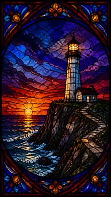 a lone lighthouse on a cliff at dusk under a dramatic sky, no text or lettering