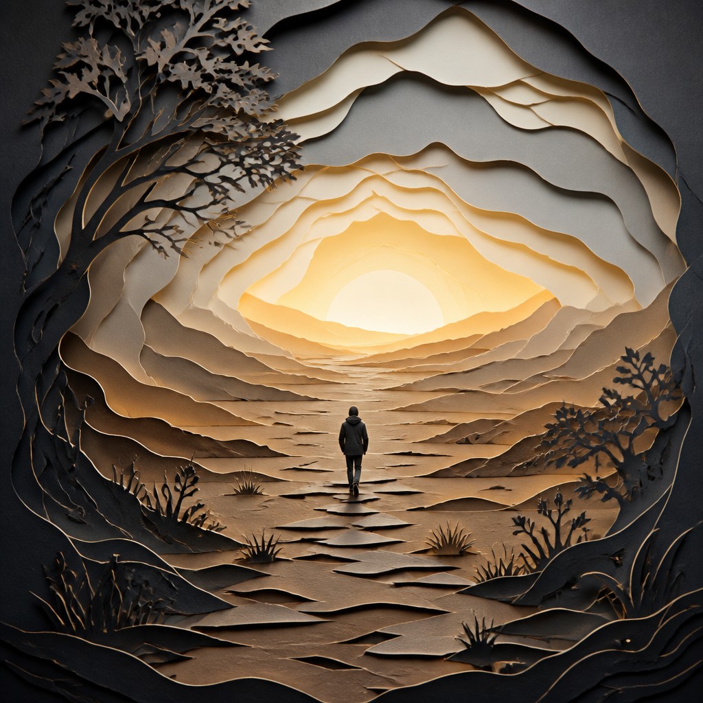 a solitary figure walking toward a glowing horizon across an empty plain, moody atmosphere, no text or lettering