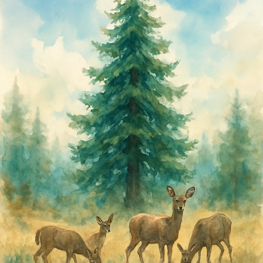 A serene and majestic watercolor painting, capturing the essence of a grand, towering evergreen tree (like the dominant one in the provided image) standing proudly in a sun-dappled, open forest glade. The tree's deep green needles are rendered with varying washes, showcasing its immense height and full, tiered branches that reach towards a partly cloudy, bright blue sky.
In the foreground and around the base of this glorious tree, two or three graceful mule deer are depicted. One might be grazing peacefully, another looking up towards the viewer with its large, expressive ears, and a fawn possibly tucked nearby. Their coats are rendered in soft, earthy watercolor tones of grey-brown, with delicate highlights and shading to suggest their gentle forms and distinctive white rumps and tails.
The surrounding landscape features a subtle ground cover of dry grasses and scattered undergrowth, characteristic of a high-desert or mountain forest floor, painted with soft, blended washes of ochre, sage green, and light brown. The sky above is a classic watercolor blend of soft blues and wispy white clouds. The overall mood is one of tranquil natural beauty, quiet majesty, and a harmonious coexistence of wildlife and ancient trees, rendered with the flowing, luminous quality of watercolor art