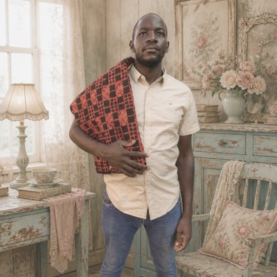 a man standing in a room with a chair and table