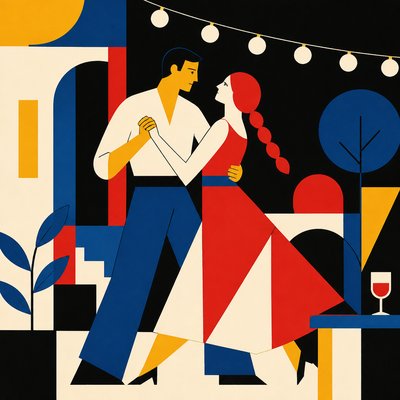 an original couple dancing under string lights in a garden at dusk: a man with short black hair in a linen shirt and a woman with braided red hair in a summer dress
