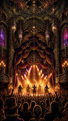a live music scene with a glowing stage and silhouetted crowd, energetic vertical composition with open space at the top, no text