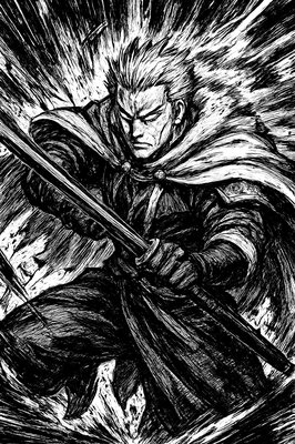 a black and white drawing of a man holding a sword