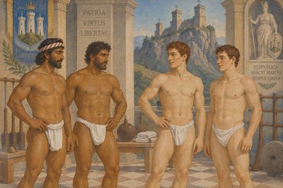 a painting of three men standing next to each other