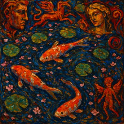 A koi pond seen from above, orange and white koi fish swimming among lily pads, clear water with subtle ripples, fallen cherry blossom petals floating on the surface, dappled sunlight