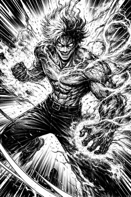 a black and white drawing of a man holding a sword