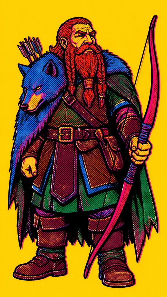 full-body original character: a dwarven ranger with a braided auburn beard, worn leather armor, a longbow and a wolf-pelt cloak, neutral background, no text