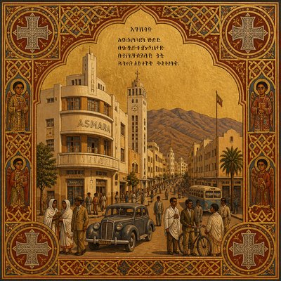 urban street with city activity — Eritrean Art Style