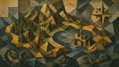 a map of an island realm with mountains, forests, a sheltered bay, sea monsters in the water and a compass rose, no text labels