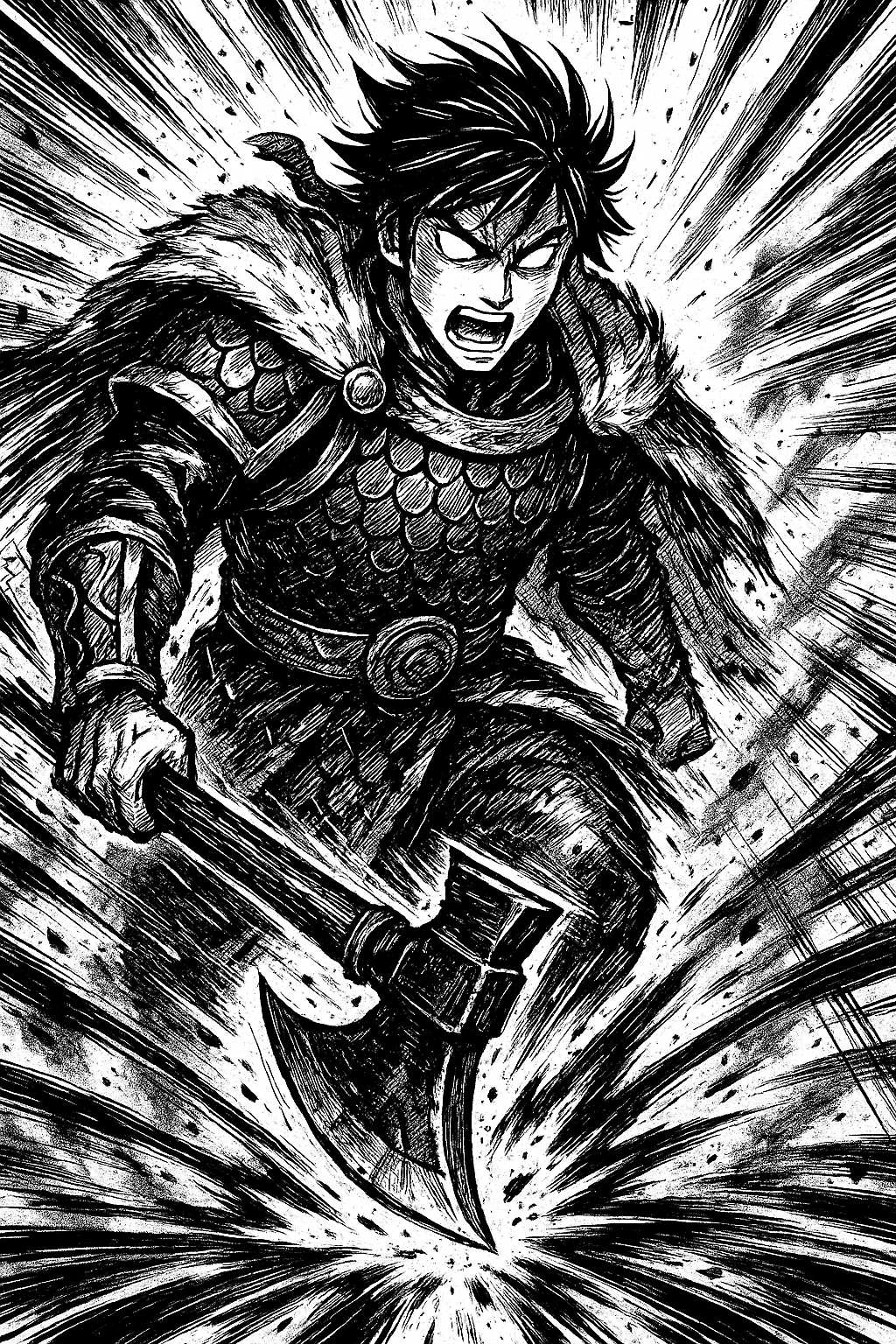 a painting of a man in armor holding an axe