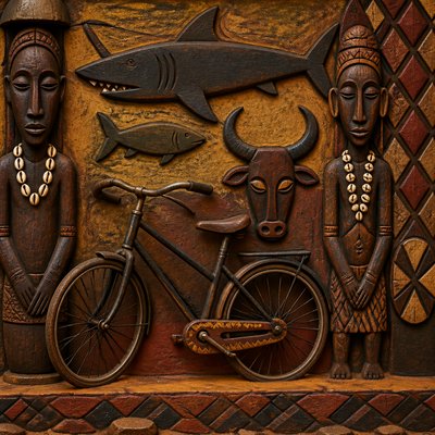 bicyle resting against a wall — Guinea-Bissau Art Style