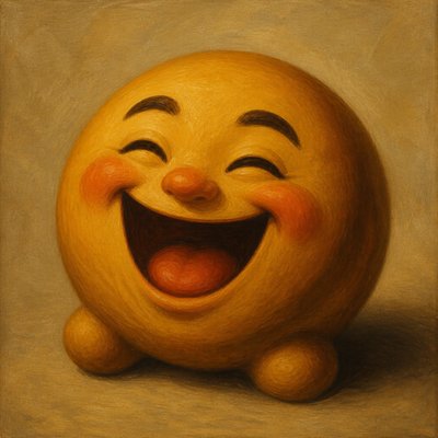 an exaggerated laughing face of an original round mascot character, bold and readable at small size, plain background, no text