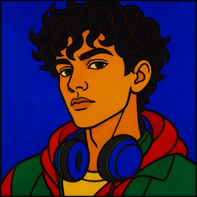 head-and-shoulders portrait of an original character: a young man with curly dark hair and headphones around his neck, plain backdrop, no text
