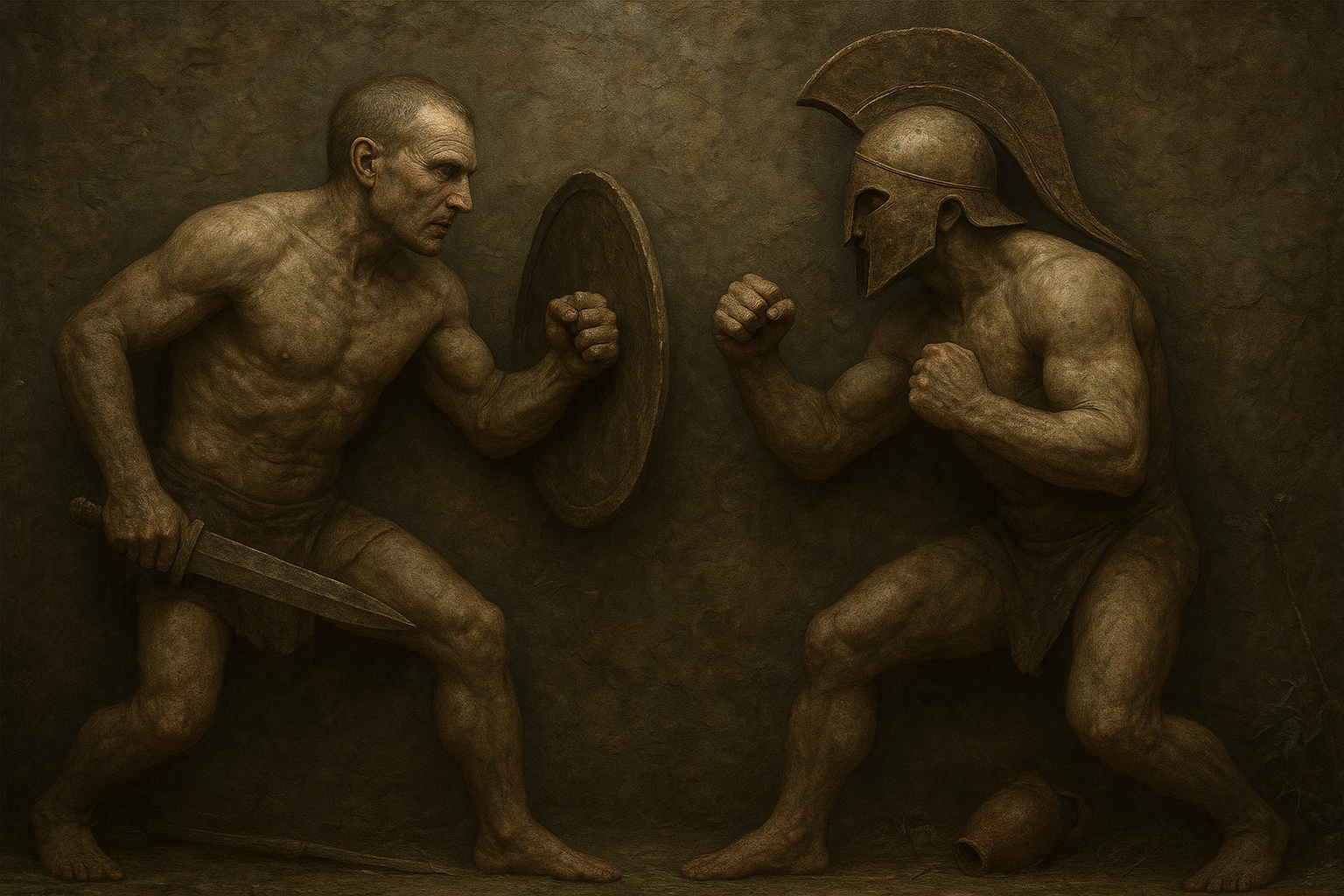 a painting of two men holding a mirror