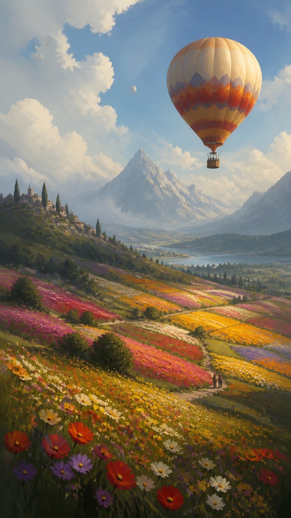 a hot air balloon drifting over rolling flower fields on a sunny day, cheerful, no text