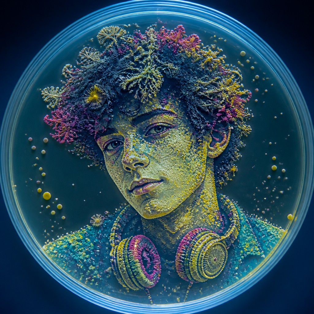 head-and-shoulders portrait of an original character: a young man with curly dark hair and headphones around his neck, plain backdrop, no text