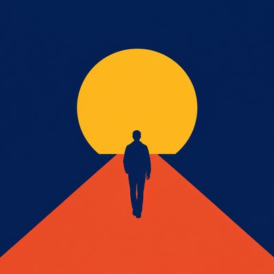a solitary figure walking toward a glowing horizon across an empty plain, moody atmosphere, no text or lettering