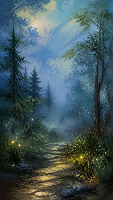 a mysterious forest path with fireflies and drifting mist, atmospheric vertical composition with open space at the top, no text