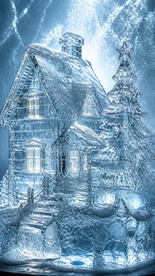 a snow-covered cottage with warm glowing windows beside a decorated pine tree, gentle snowfall, no text