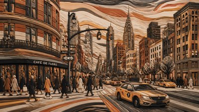 bustling city street panorama at dusk